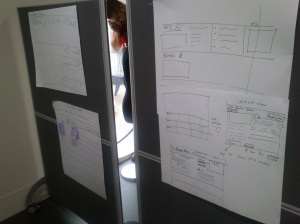Large notes on the wall with sketches for a visual interface.
