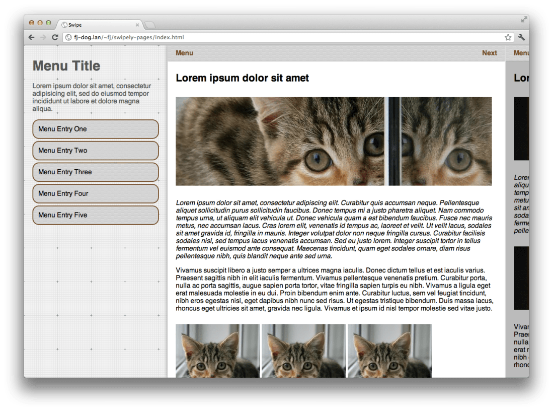 Screenshot of Chrome browser showing multiple panels and a menu in one swiping page.